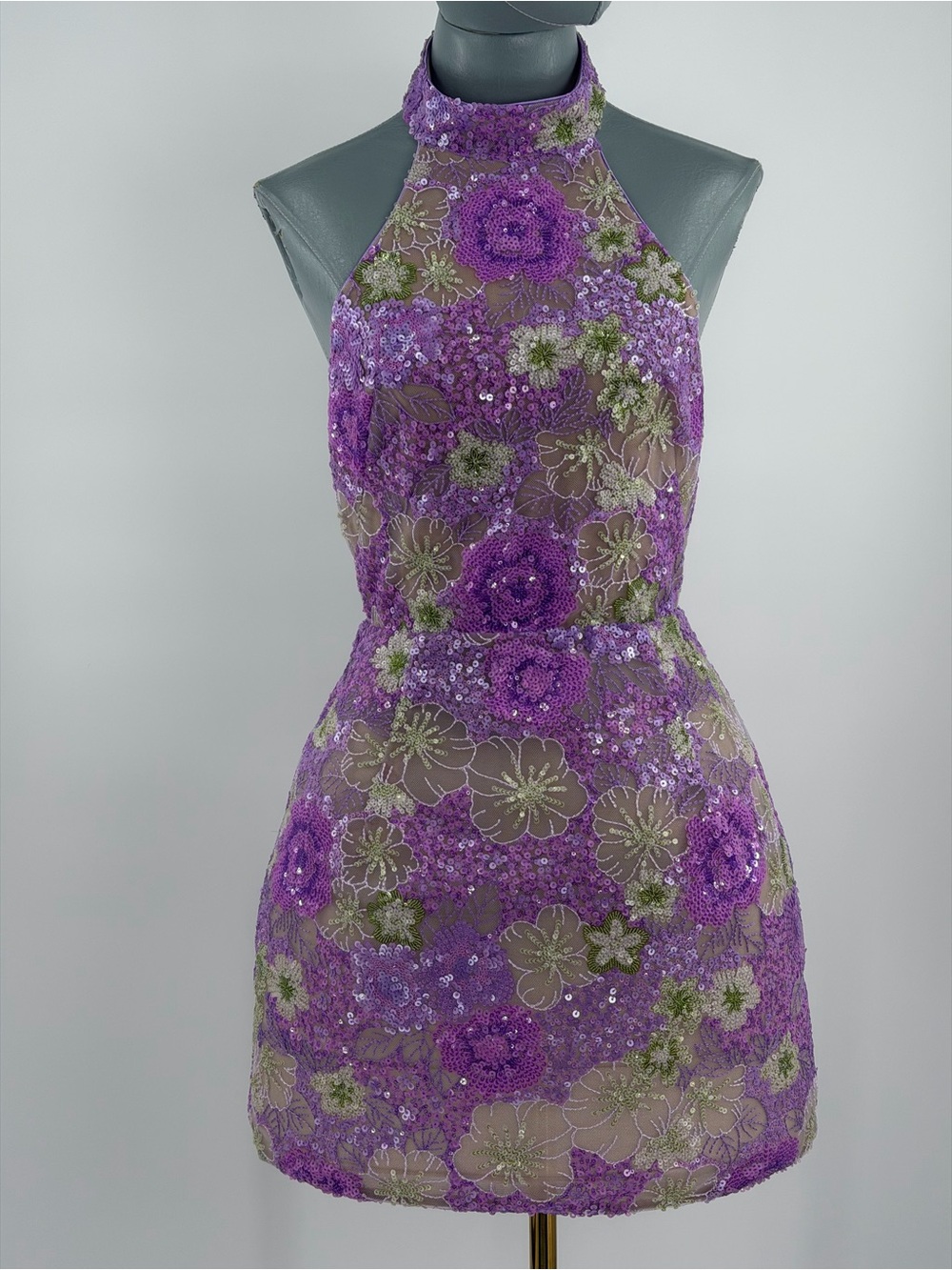 🆕 BRONX & BANCO 🧿 NWOT Deidre Floral Sequin Halter Mini Dress, Lilac Sz S US 4 - Picture 13 of 16